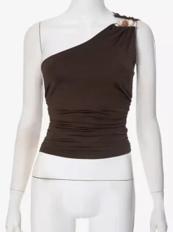 Brown One-Shoulder Top Sexy Ruched Summer Tanks Top For Women 2026