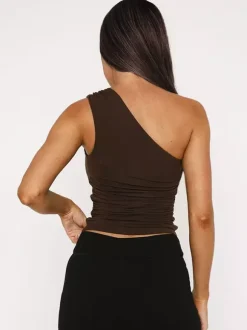 Brown One-Shoulder Top Sexy Ruched Summer Tanks Top For Women 2026