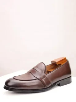 Brown Penny Loafers Men's Round Toe Slop On Dress Shoes