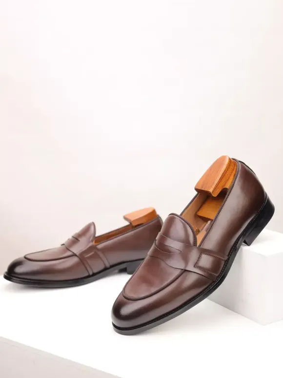 Brown Penny Loafers Men's Round Toe Slop On Dress Shoes