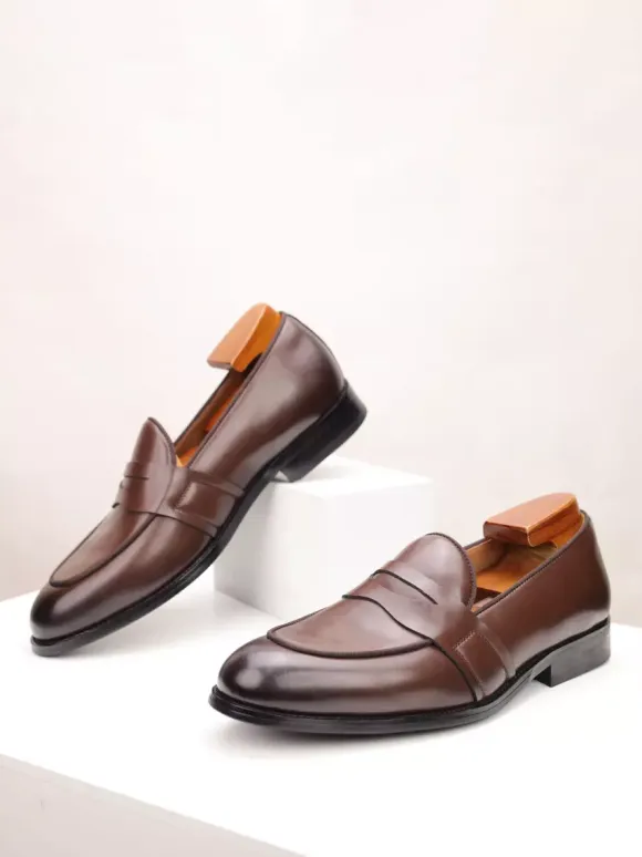 Brown Penny Loafers Men's Round Toe Slop On Dress Shoes