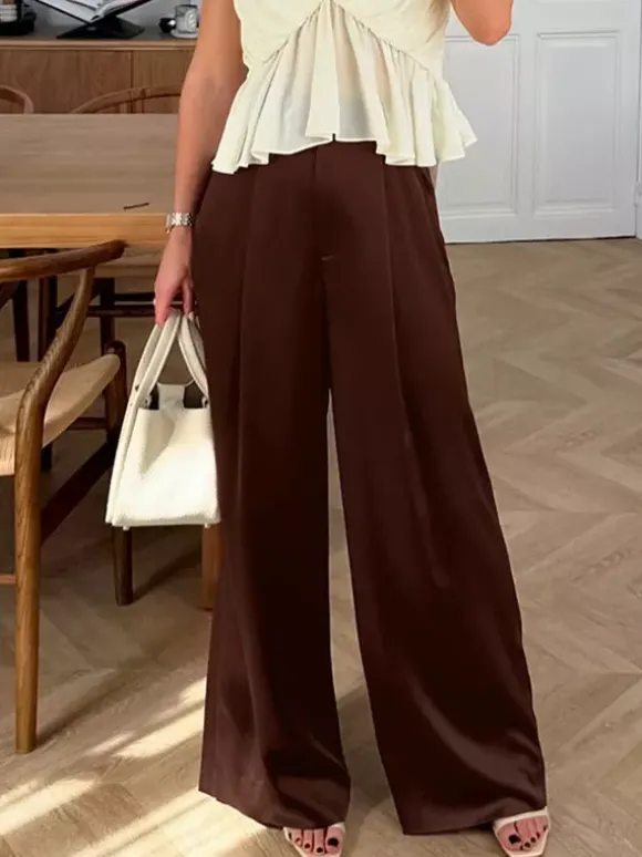 Brown Satin Wide Leg Pants High Waist Draped Silky Straight Trousers