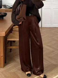 Brown Satin Wide Leg Pants High Waist Draped Silky Straight Trousers