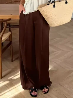 Brown Satin Wide Leg Pants High Waist Draped Silky Straight Trousers