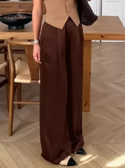 Brown Satin Wide Leg Pants High Waist Draped Silky Straight Trousers