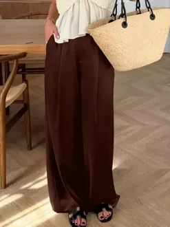 Brown Satin Wide Leg Pants High Waist Draped Silky Straight Trousers