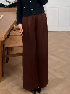 Brown Satin Wide Leg Pants High Waist Draped Silky Straight Trousers