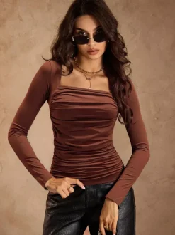 Brown Square Neck Ruched Long Sleeve Slim Fit Top For Women 2026