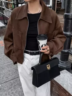 Brown Suede Cropped Zip-up Jacket With Pockets For Women 2026