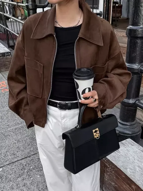 Brown Suede Cropped Zip-up Jacket With Pockets For Women 2026