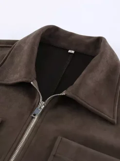 Brown Suede Cropped Zip-up Jacket With Pockets For Women 2026