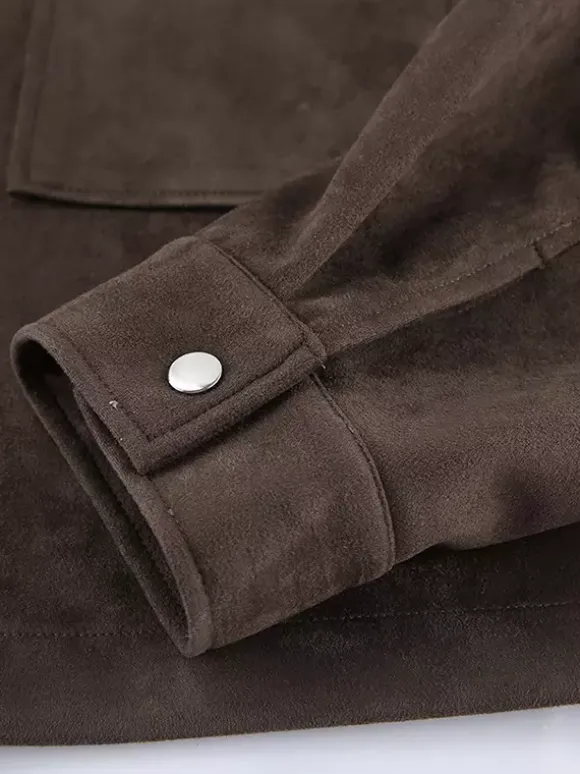 Brown Suede Cropped Zip-up Jacket With Pockets For Women 2026