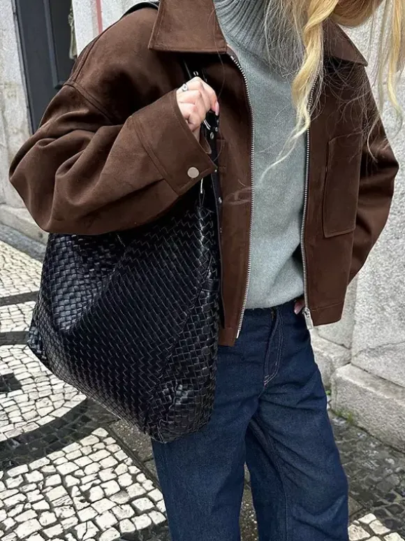 Brown Suede Cropped Zip-up Jacket With Pockets For Women 2026