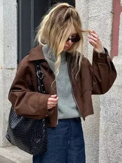 Brown Suede Cropped Zip-up Jacket With Pockets For Women 2026