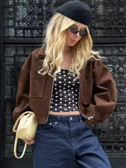 Brown Suede Cropped Zip-up Jacket With Pockets For Women 2026