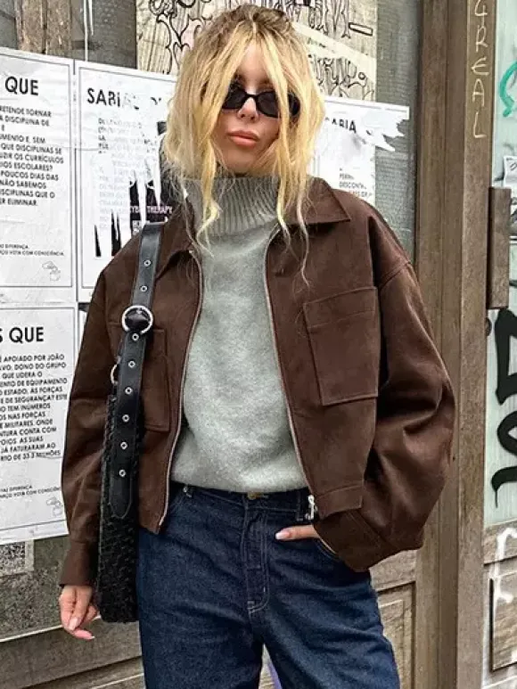 Brown Suede Cropped Zip-up Jacket With Pockets For Women 2026