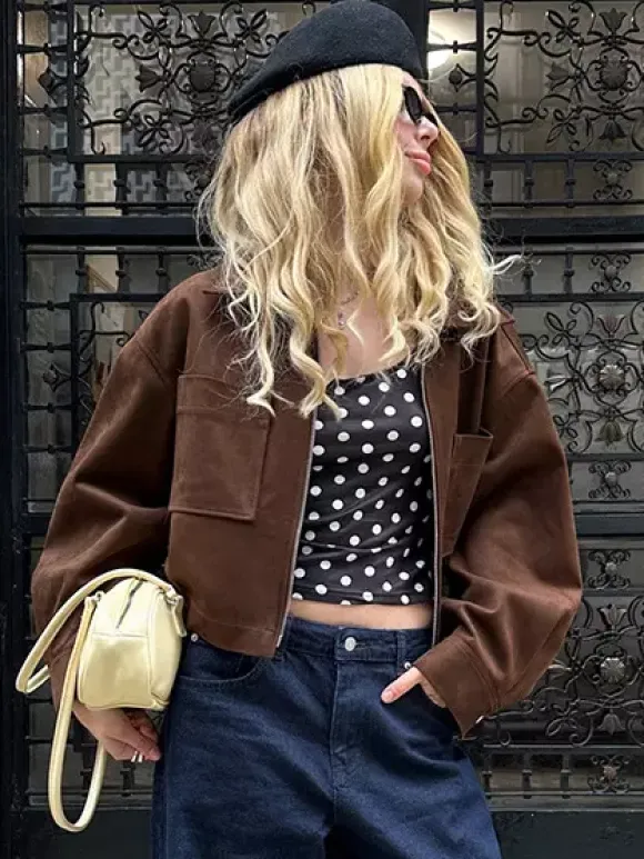 Brown Suede Cropped Zip-up Jacket With Pockets For Women 2026