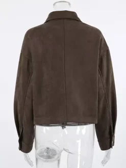 Brown Suede Cropped Zip-up Jacket With Pockets For Women 2026