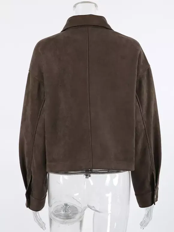 Brown Suede Cropped Zip-up Jacket With Pockets For Women 2026