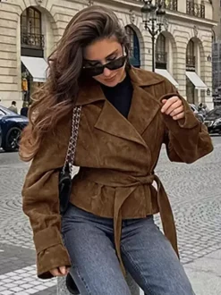 Brown Suede Women's Cropped Blazer - Retro Lapel Belted Waist Regular Fit Jacket - Vintage Spring Daily Outfits 2026