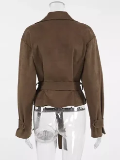 Brown Suede Women's Cropped Blazer - Retro Lapel Belted Waist Regular Fit Jacket - Vintage Spring Daily Outfits 2026