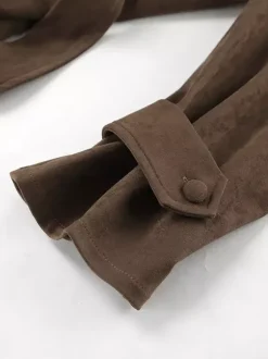 Brown Suede Women's Cropped Blazer - Retro Lapel Belted Waist Regular Fit Jacket - Vintage Spring Daily Outfits 2026