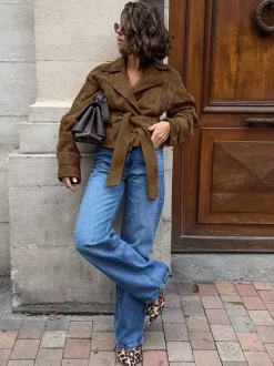Brown Suede Women's Cropped Blazer - Retro Lapel Belted Waist Regular Fit Jacket - Vintage Spring Daily Outfits 2026