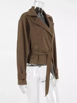Brown Suede Women's Cropped Blazer - Retro Lapel Belted Waist Regular Fit Jacket - Vintage Spring Daily Outfits 2026