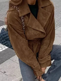Brown Suede Women's Cropped Blazer - Retro Lapel Belted Waist Regular Fit Jacket - Vintage Spring Daily Outfits 2026