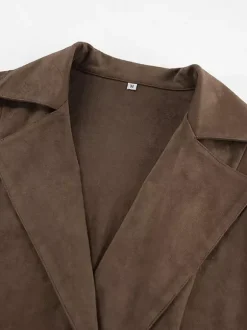 Brown Suede Women's Cropped Blazer - Retro Lapel Belted Waist Regular Fit Jacket - Vintage Spring Daily Outfits 2026