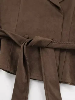 Brown Suede Women's Cropped Blazer - Retro Lapel Belted Waist Regular Fit Jacket - Vintage Spring Daily Outfits 2026