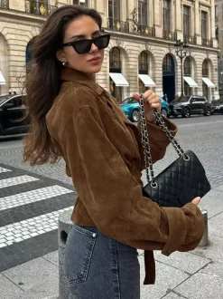 Brown Suede Women's Cropped Blazer - Retro Lapel Belted Waist Regular Fit Jacket - Vintage Spring Daily Outfits 2026