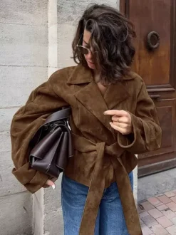 Brown Suede Women's Cropped Blazer - Retro Lapel Belted Waist Regular Fit Jacket - Vintage Spring Daily Outfits 2026