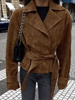 Brown Suede Women's Cropped Blazer - Retro Lapel Belted Waist Regular Fit Jacket - Vintage Spring Daily Outfits 2026
