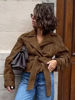Brown Suede Women's Cropped Blazer - Retro Lapel Belted Waist Regular Fit Jacket - Vintage Spring Daily Outfits 2026