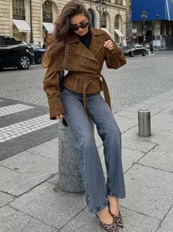 Brown Suede Women's Cropped Blazer - Retro Lapel Belted Waist Regular Fit Jacket - Vintage Spring Daily Outfits 2026