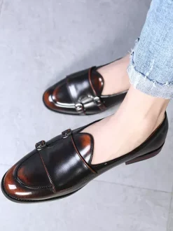 Buckle Round Toe PU Leather Monk Loafer Shoes For Men