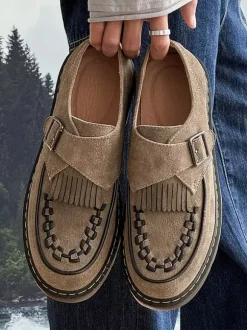 Buckle Round Toe Suede Leather Mens Monk Loafer Shoes