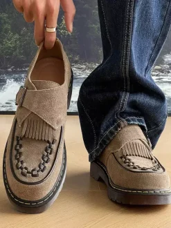 Buckle Round Toe Suede Leather Mens Monk Loafer Shoes