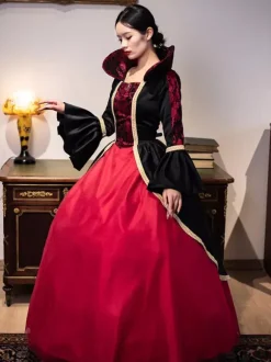 Burgundy Retro Tudor Dress Costumes Women's Lace Polyester Tunic Dress Royal Marie Antoinette Costume Masquerade Ball Gown