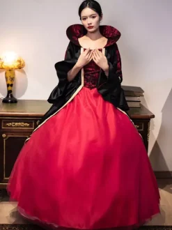 Burgundy Retro Tudor Dress Costumes Women's Lace Polyester Tunic Dress Royal Marie Antoinette Costume Masquerade Ball Gown