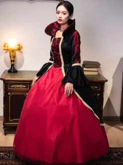 Burgundy Retro Tudor Dress Costumes Women's Lace Polyester Tunic Dress Royal Marie Antoinette Costume Masquerade Ball Gown