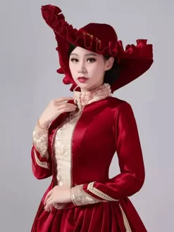 Burgundy Bustle Victorian Dress Long Sleeves Maxi Polyester Maxi Retro Dress With Hat