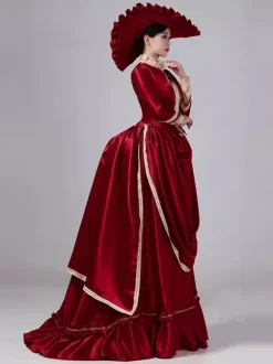 Burgundy Bustle Victorian Dress Long Sleeves Maxi Polyester Maxi Retro Dress With Hat