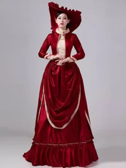 Burgundy Bustle Victorian Dress Long Sleeves Maxi Polyester Maxi Retro Dress With Hat