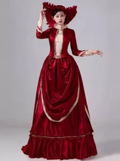 Burgundy Bustle Victorian Dress Long Sleeves Maxi Polyester Maxi Retro Dress With Hat