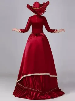 Burgundy Bustle Victorian Dress Long Sleeves Maxi Polyester Maxi Retro Dress With Hat