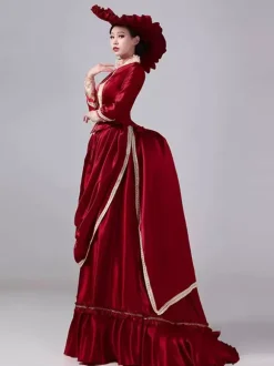 Burgundy Bustle Victorian Dress Long Sleeves Maxi Polyester Maxi Retro Dress With Hat