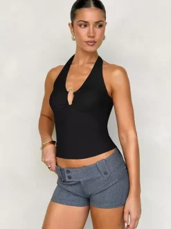 Burgundy Cami Top Halter Lace Up Buttons Chic Women Camis