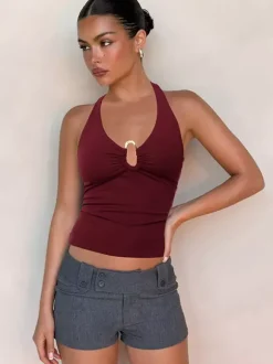 Burgundy Cami Top Halter Lace Up Buttons Chic Women Camis